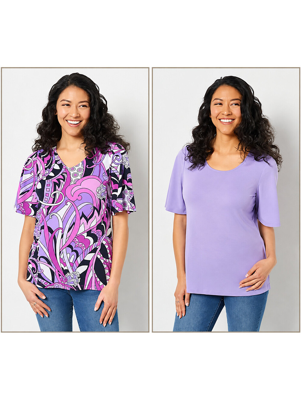 Susan Graver Set of Two Print & Solid Liquid Knit Tops Purple/Orchid, Medium